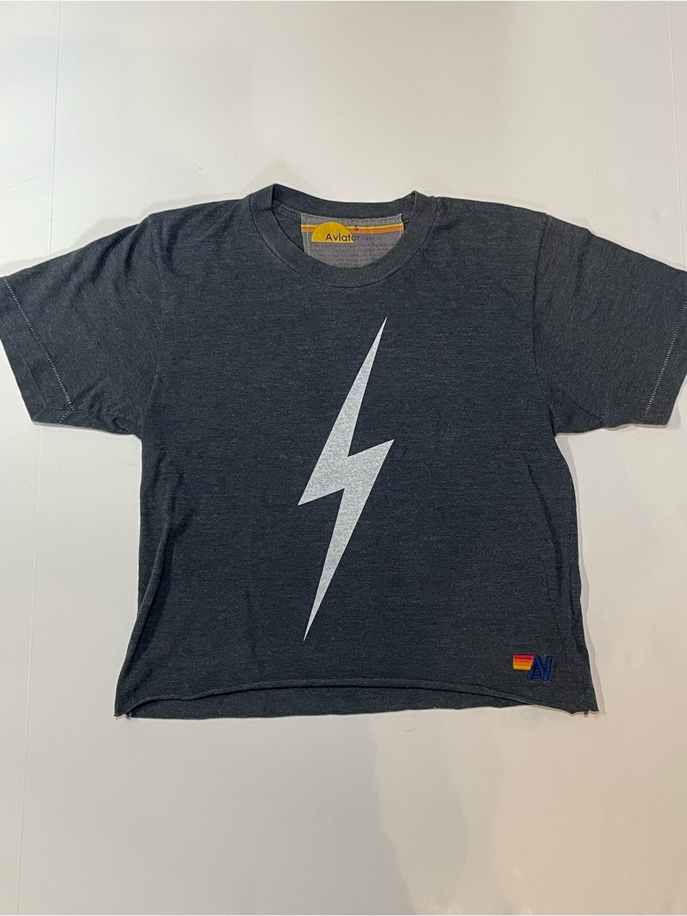 Aviator Nation Charcoal Boyfriend Crop Bolt Tee with White Lightning Bolt - Picture 2 of 9
